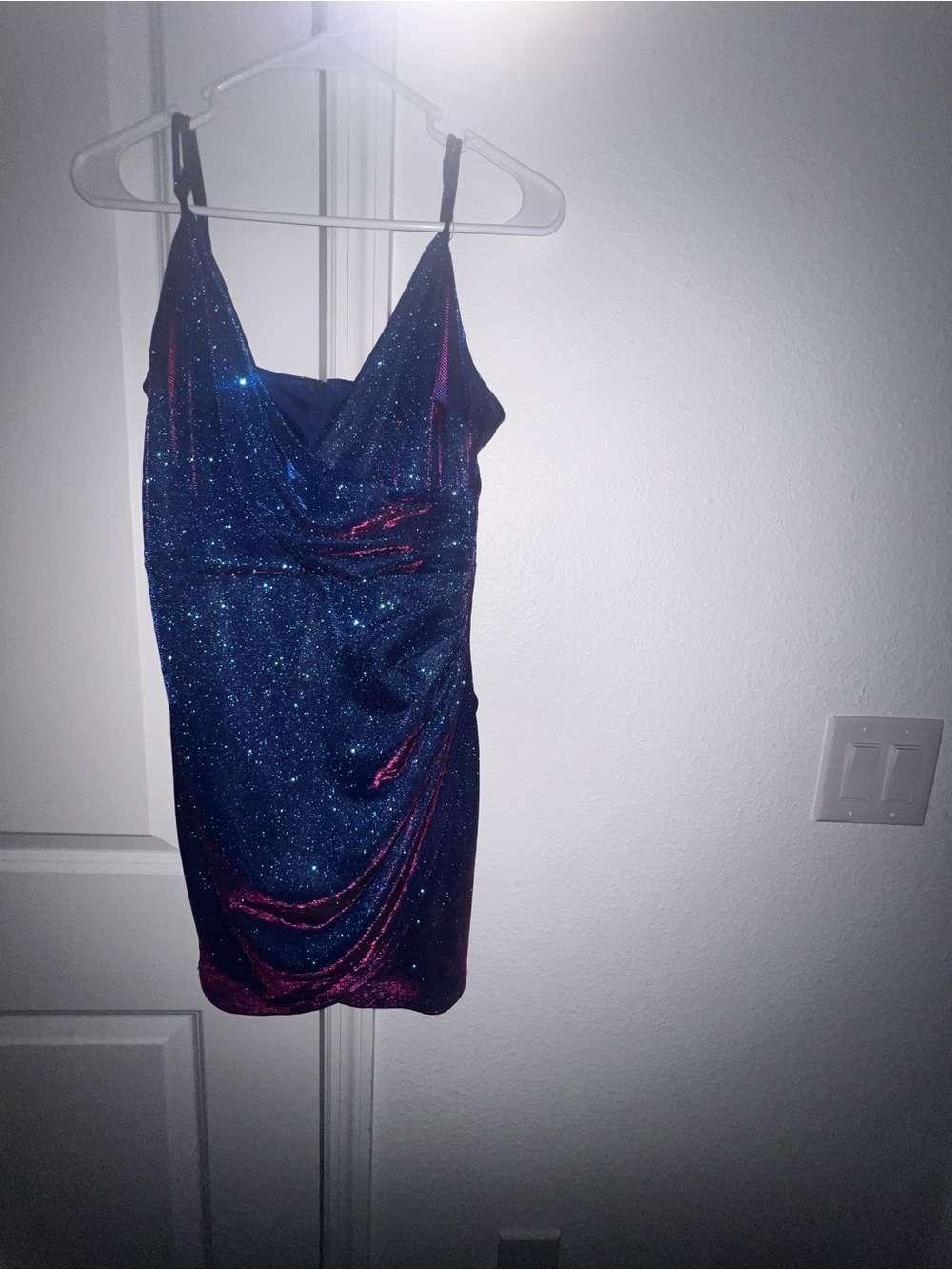 B. Smart Glitter Cowl Neck Mini Dress in Blue and purple